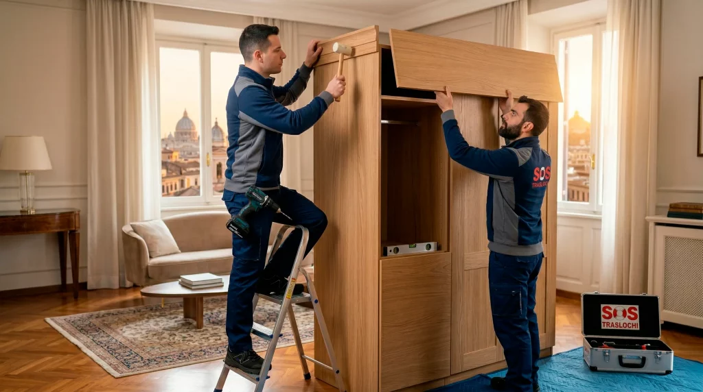 traslocatori lavorano in un appartamento di roma per smontare e rimontare mobili