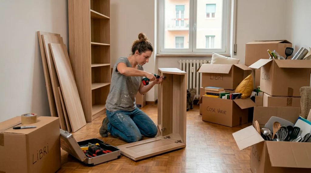 persona in un appartamento fatica a smontare i mobili perchè non si è affidata a dei professionisti del settore