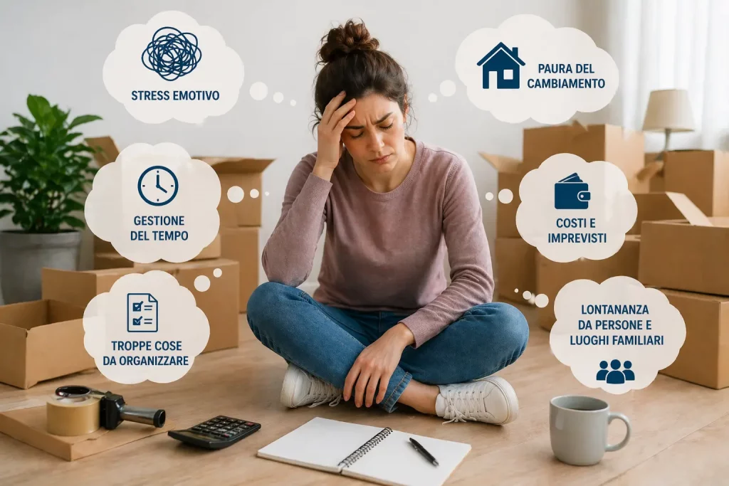 Donna seduta sul pavimento tra scatoloni da trasloco con espressione preoccupata, circondata da simboli che rappresentano stress emotivo, gestione del tempo, costi imprevisti e paura del cambiamento legati al trasloco.