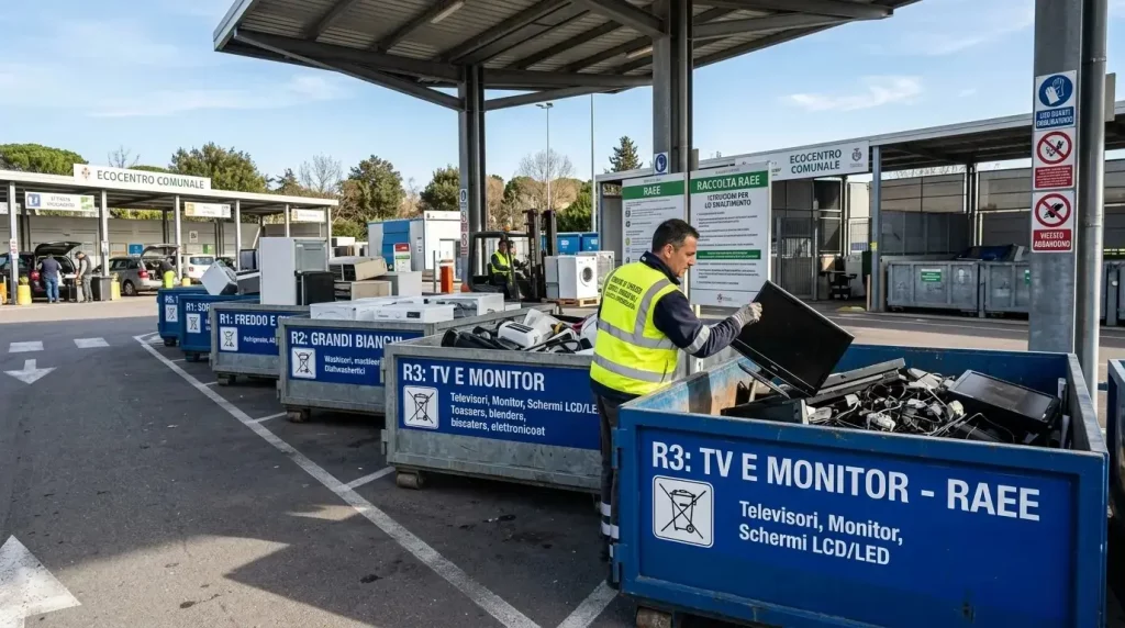 Un operatore ecologico in gilet giallo ad alta visibilità deposita un vecchio monitor in un grande container blu etichettato "R3: TV e Monitor - RAEE" presso un centro di raccolta comunale. In fila sono visibili altri cassonetti per diverse categorie di rifiuti elettronici, come "R1: Freddo e Clima" e "R2: Grandi Bianchi", sotto una tettoia informativa con le istruzioni per il corretto smaltimento degli elettrodomestici.