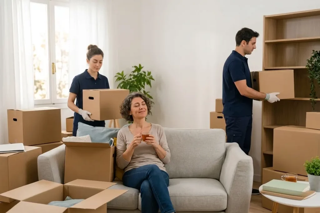 Una donna siede rilassata su un divano grigio con gli occhi chiusi e un sorriso sereno, tenendo tra le mani una tazza di tè. Alle sue spalle, due addetti di una ditta di traslochi in divisa blu scuro sono al lavoro: una ragazza trasporta uno scatolone e un collega sistema dei pacchi su una libreria in legno. La stanza è luminosa e piena di scatole di cartone, evocando l'idea di un trasloco gestito senza stress.