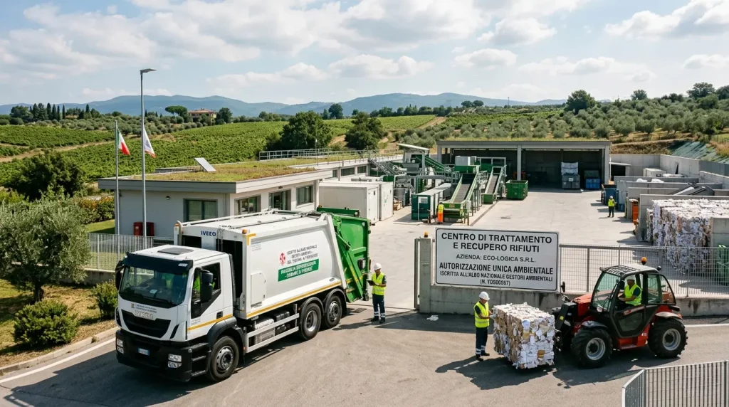 Veduta panoramica di un moderno centro di trattamento e recupero rifiuti situato in una zona rurale. In primo piano, un camion compattatore bianco entra nella struttura, mentre un operatore su un muletto sposta una balla di materiale riciclato. Accanto al cancello d'ingresso, un cartello informativo riporta chiaramente la dicitura "Azienda iscritta all'Albo Nazionale Gestori Ambientali", a testimonianza della regolarità e legalità delle operazioni di gestione rifiuti.