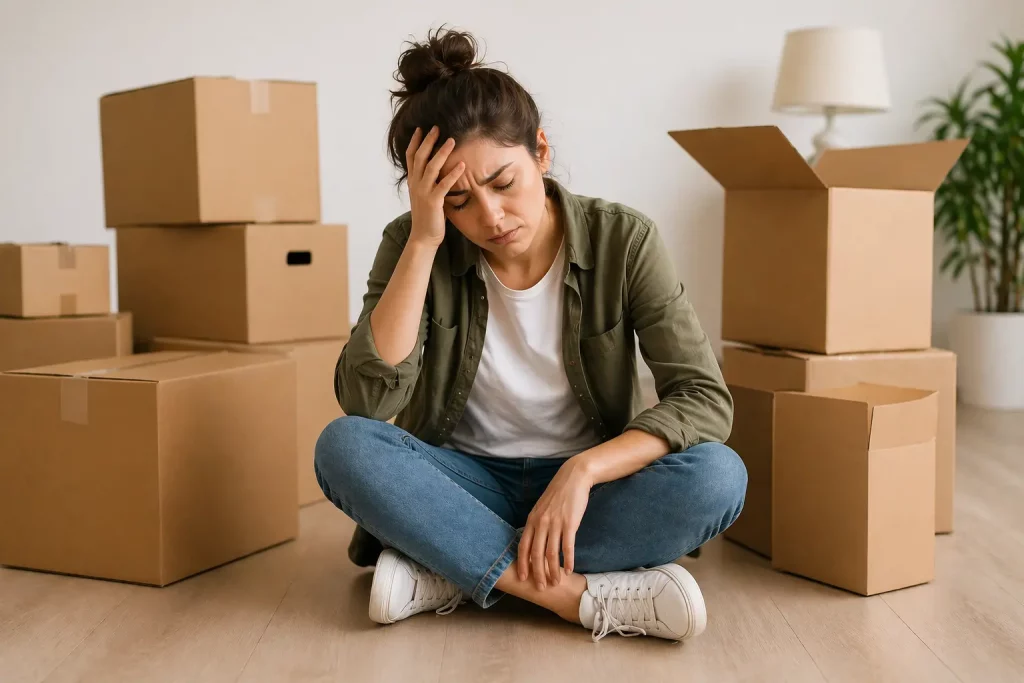 Donna seduta a terra tra scatoloni da trasloco in una stanza luminosa, con espressione stanca e preoccupata, simbolo dello stress e della fatica legati al cambio casa.