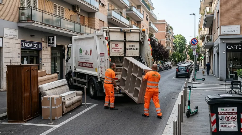 Due operatori ecologici dell'AMA, in divise arancioni ad alta visibilità, sollevano un piccolo mobile a ripiani per caricarlo sul retro di un camion per la raccolta dei rifiuti ingombranti. La scena è ambientata in una strada residenziale di Roma, con condomini e insegne di negozi (Tabacchi, Caffè). A sinistra, sul marciapiede, si trova un accumulo di vecchi mobili e materassi abbandonati. Un avviso di multa per l'abbandono di mobili è visibile su un cestino.