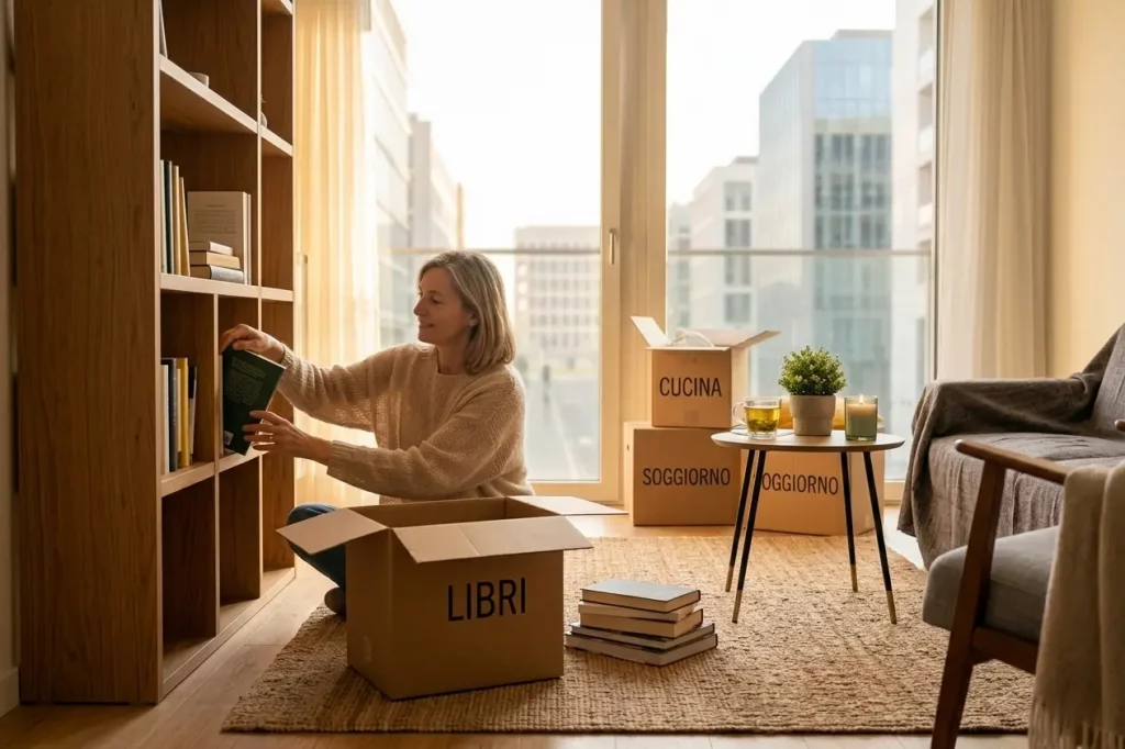 Una donna sorridente siede sul tappeto di un luminoso soggiorno moderno mentre sistema con cura dei libri in una libreria di legno. Davanti a lei c'è uno scatolone aperto con la scritta "LIBRI". Sullo sfondo, grandi finestre mostrano un panorama urbano, mentre nella stanza sono presenti altri scatoloni etichettati e un tavolino con una candela accesa e una tazza di tè, trasmettendo una sensazione di calma e accoglienza.