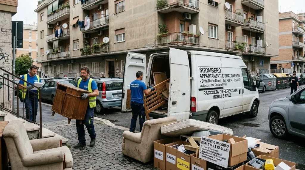 Una fotografia diurna scattata su una strada lastricata in un quartiere residenziale urbano. Tre operatori di una ditta di sgombero (identificati dal testo sul furgone come ditta "Mario Rossi") stanno caricando un mobile di legno su un furgone bianco con le porte posteriori aperte. Un operatore porta il mobile giù da alcuni gradini, mentre un altro lo riceve. Il furgone ha la scritta in italiano "SGOMBERO APPARTAMENTI E SMALTIMENTO" e "RACCOLTA DIFFERENZIATA MOBILI E RAEE". A terra, vicino al furgone, sono posizionati cartoni con etichette "LEGNO", "CARTA", "PLASTICA" e un cartello con le regole del servizio ("SGOMBERO IN CORSO RISPETTA LE REGOLE!", "1. Legno (Ecocentro)", "2. Elettrodomestici (RAEE)", "No abbandono in strada!"). Sullo sfondo si vedono edifici residenziali. L'immagine mostra una gestione organizzata e differenziata dei rifiuti ingombranti.