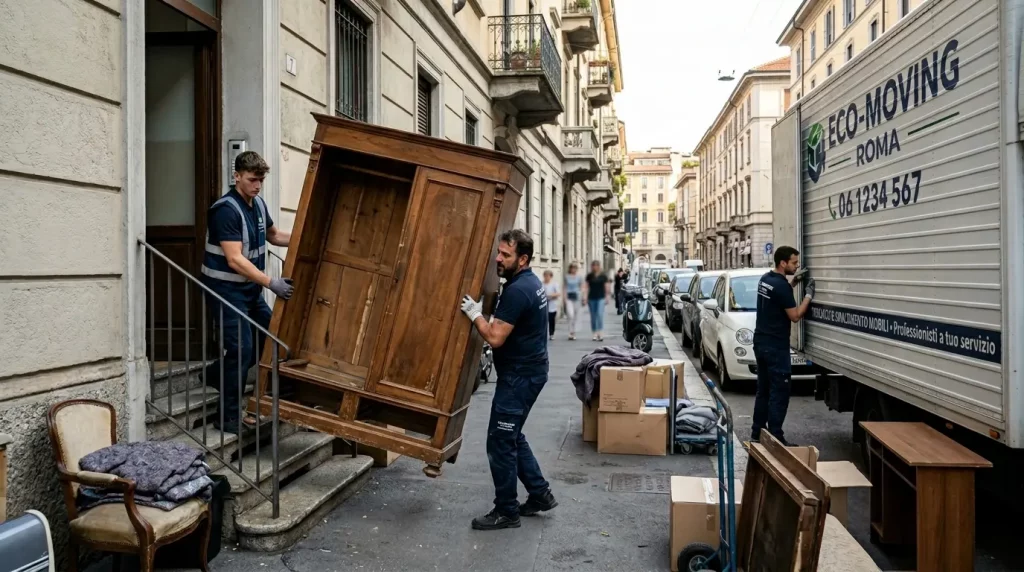 Un gruppo di traslocatori professionisti che trasporta con cura un grande armadio antico in legno giù da una scalinata a Roma. Sullo sfondo, un furgone aziendale con la scritta "ECO-MOVING ROMA" e prefisso telefonico 06, pronto per lo smaltimento e il trasporto mobili.