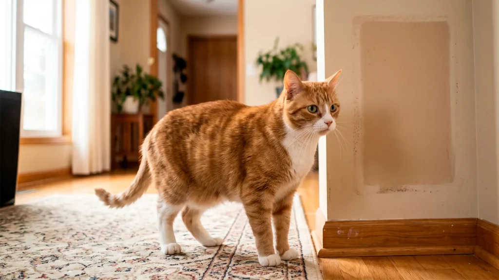 Gatto domestico confuso che osserva l'angolo vuoto di una stanza da cui è stato appena rimosso un mobile durante un trasloco.
