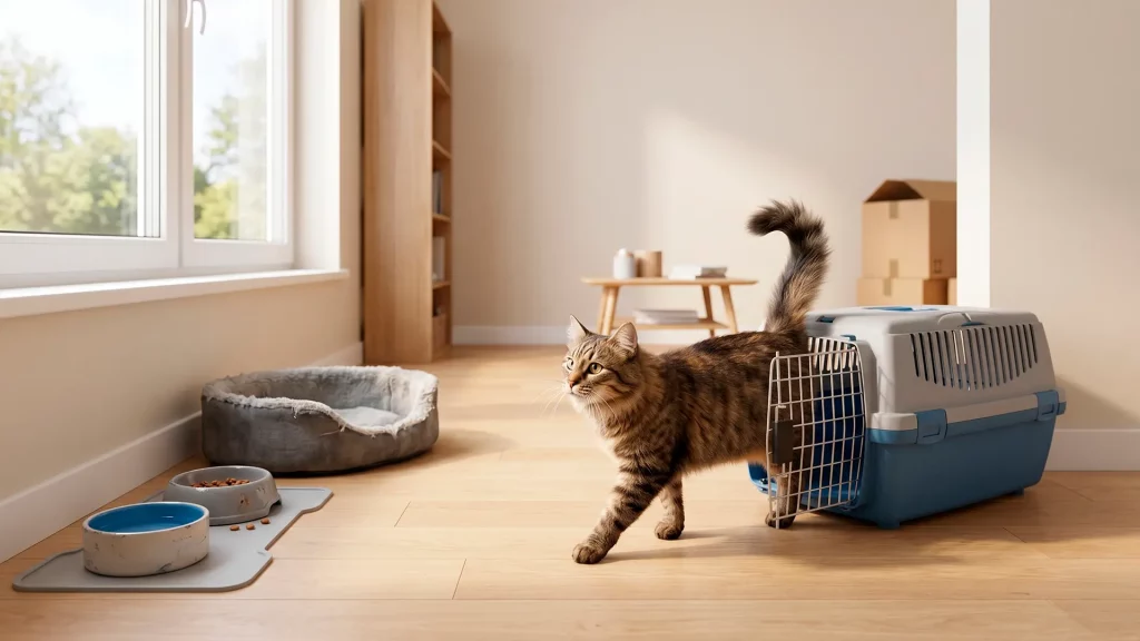 Gatto rilassato e con la coda alta che esce fiducioso dal trasportino per esplorare la nuova casa, trovando le sue vecchie ciotole e la sua cuccia.