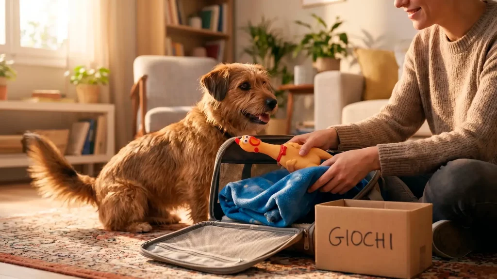 Proprietario sorridente che prepara l'animale al trasloco mettendo i suoi giochi e la sua coperta in un comodo trasportino rigido.