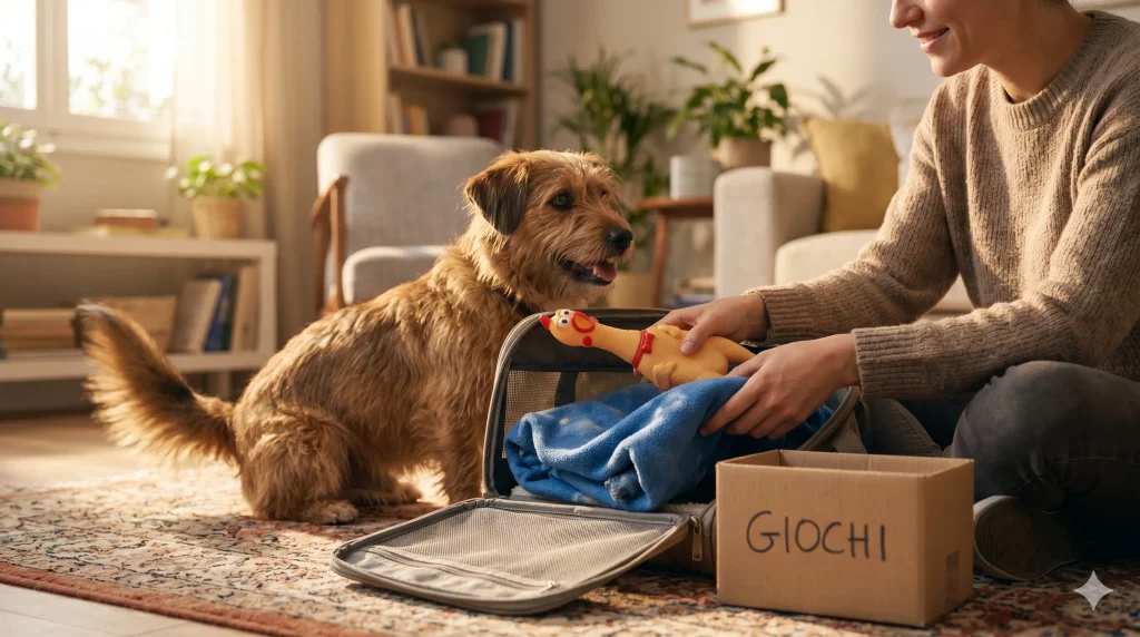 Proprietario sorridente che prepara l'animale al trasloco mettendo i suoi giochi e la sua coperta in un comodo trasportino rigido.