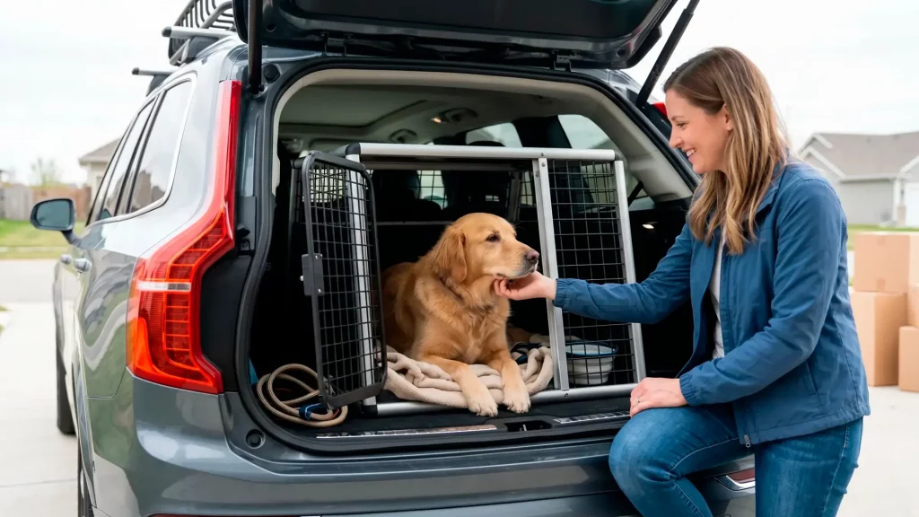 Cane sereno e in totale sicurezza all'interno del kennel rigido nel bagagliaio dell'auto pronto per il viaggio verso la nuova casa.