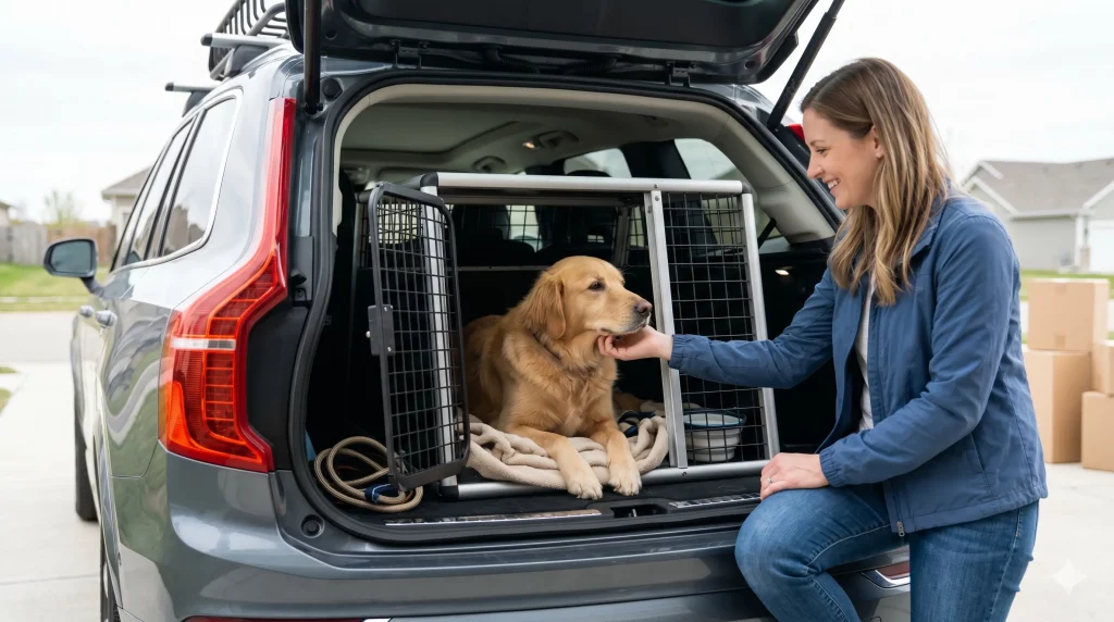 Cane sereno e in totale sicurezza all'interno del kennel rigido nel bagagliaio dell'auto pronto per il viaggio verso la nuova casa.