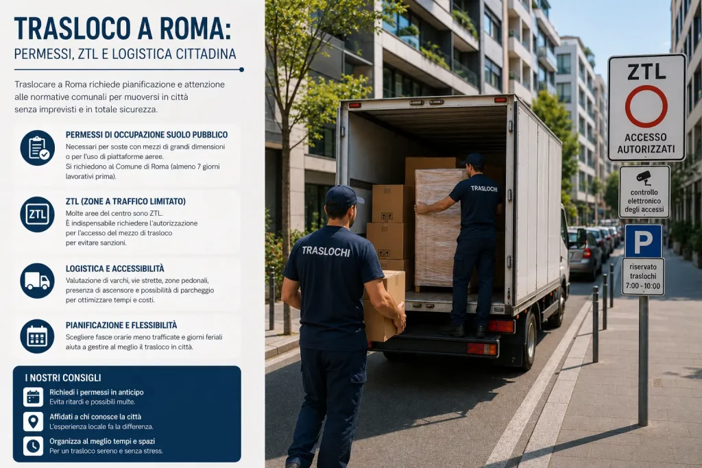 Immagine informativa dedicata al trasloco a Roma in un contesto urbano moderno. Sul lato destro, due addetti al trasloco caricano scatoloni su un furgone parcheggiato in una strada cittadina con edifici contemporanei e segnaletica ZTL visibile. Sul lato sinistro, una grafica informativa illustra aspetti legati a permessi, zone a traffico limitato e logistica cittadina, con consigli utili per organizzare un trasloco in città evitando problemi burocratici e di accesso.