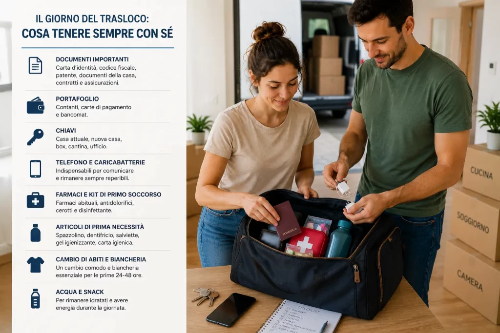 Una coppia prepara una borsa con gli oggetti essenziali da tenere a portata di mano il giorno del trasloco in un ambiente domestico luminoso. La donna inserisce documenti e oggetti personali in una grande borsa aperta sul tavolo, mentre l’uomo sistema caricabatterie e accessori indispensabili. Sul tavolo si vedono chiavi, smartphone, una checklist e un kit di primo soccorso, con scatoloni del trasloco sullo sfondo pronti per essere caricati.