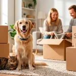 Cane Golden Retriever e gatto soriano rilassati sul tappeto del soggiorno accanto a scatoloni da trasloco, mentre i proprietari imballano le ultime cose.