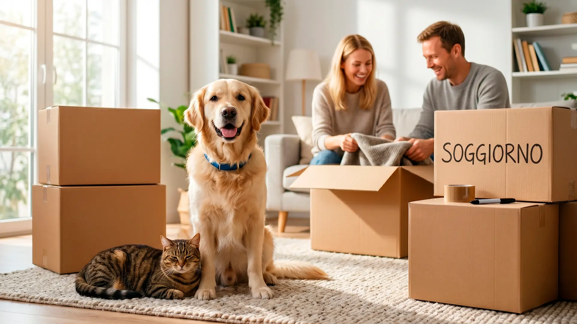 Cane Golden Retriever e gatto soriano rilassati sul tappeto del soggiorno accanto a scatoloni da trasloco, mentre i proprietari imballano le ultime cose.